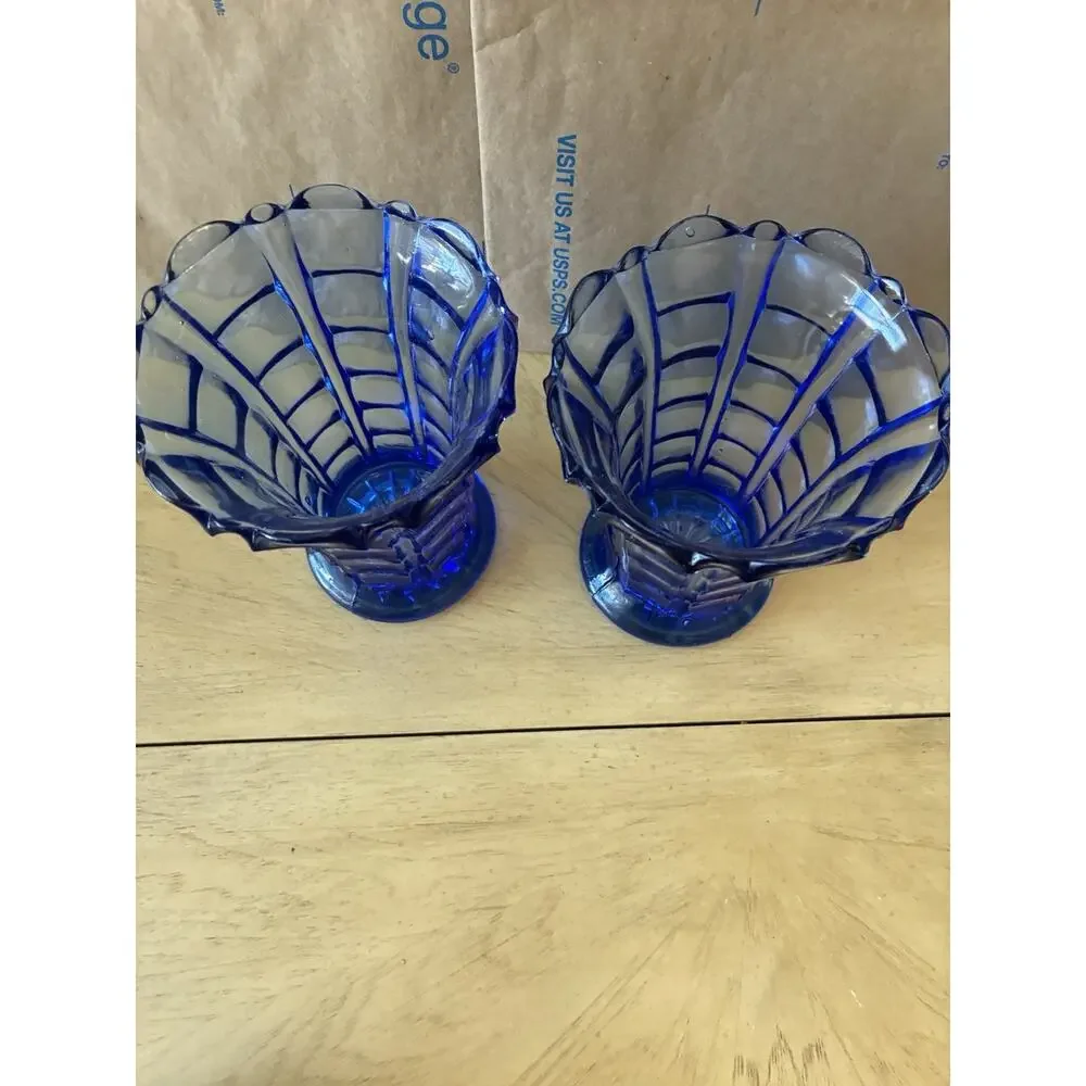 2 Vintage Cobalt Blue Pressed Glass Vases Ruffled Scalloped Edge Mid Century